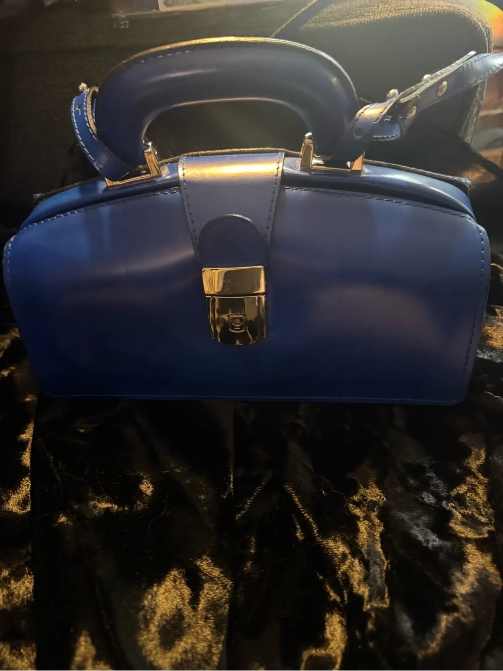 Pratesi Full Grain Leather Cobalt Top-Handle Satchel with Gold Clasp